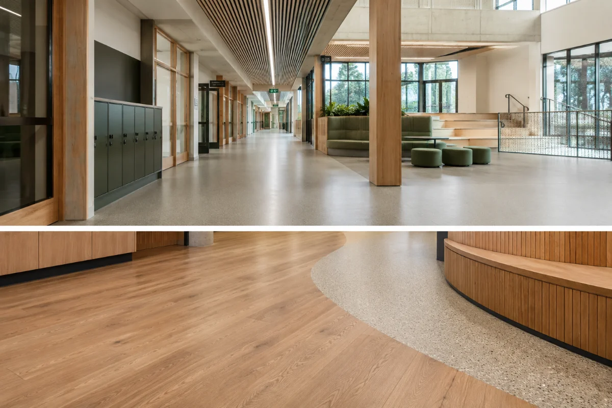 Finished commercial flooring in an education building corridor installed by First Track Flooring in New South Wales