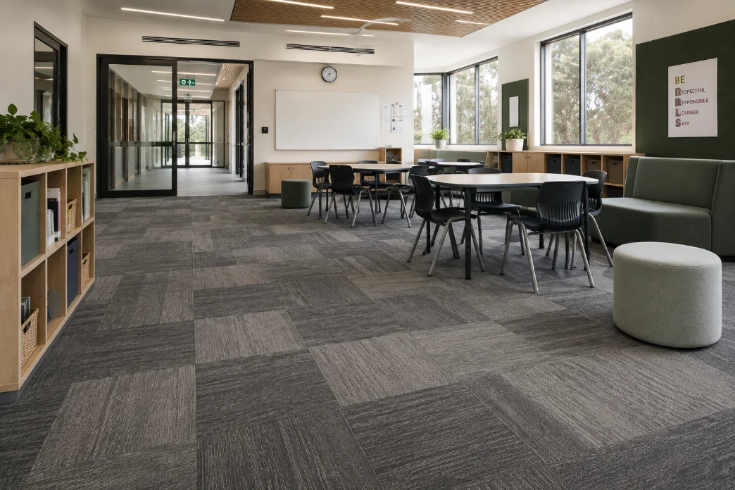Timber and vinyl commercial flooring installed across a large open floor area