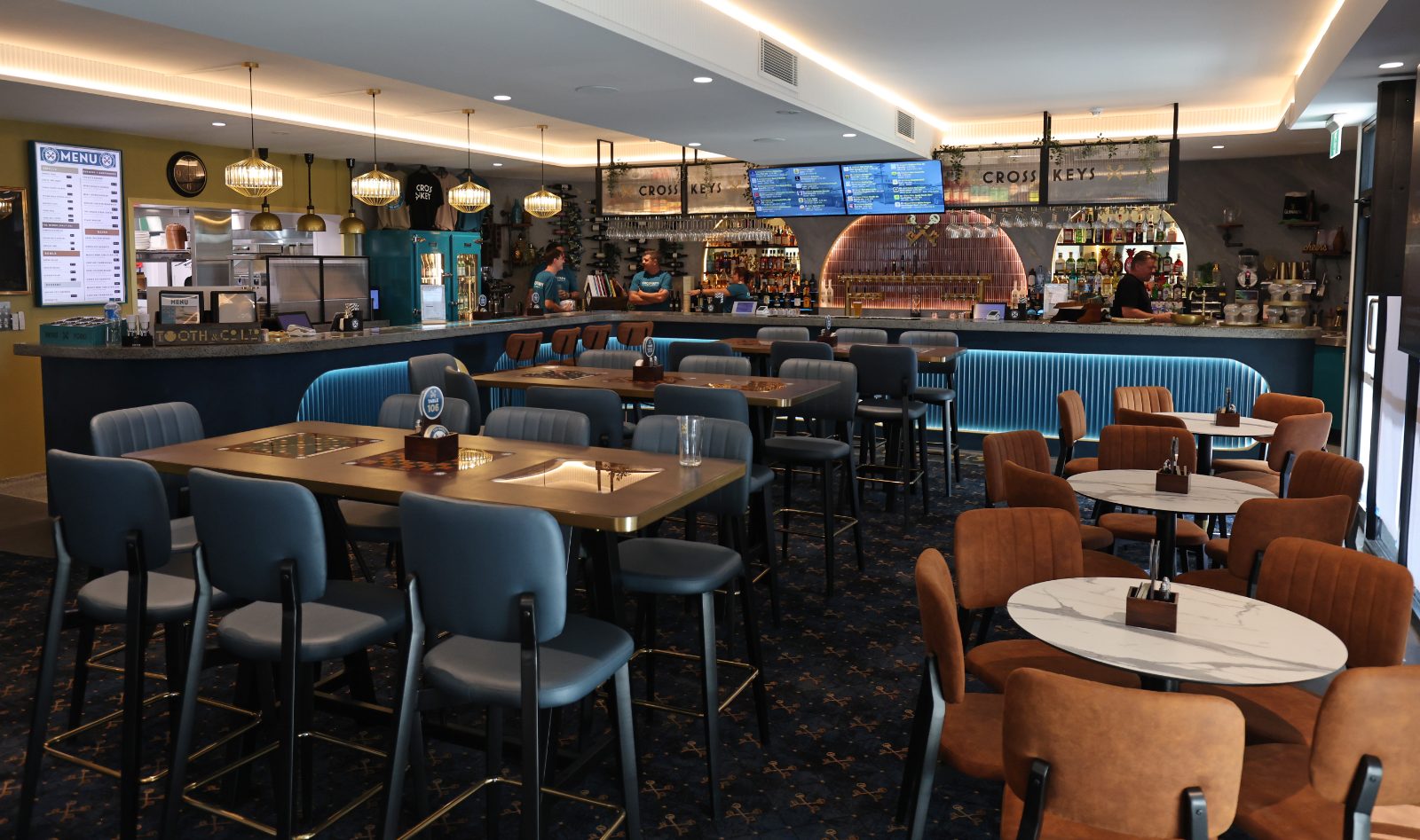 Main bar and dining area at Cross Keys Hotel Tighes Hill with new patterned axminster carpet installed by First Track Flooring